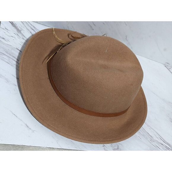 Lancaster Women's Tan 100% Wool With Feather Trim Fedora Hat - Picture 5 of 6
